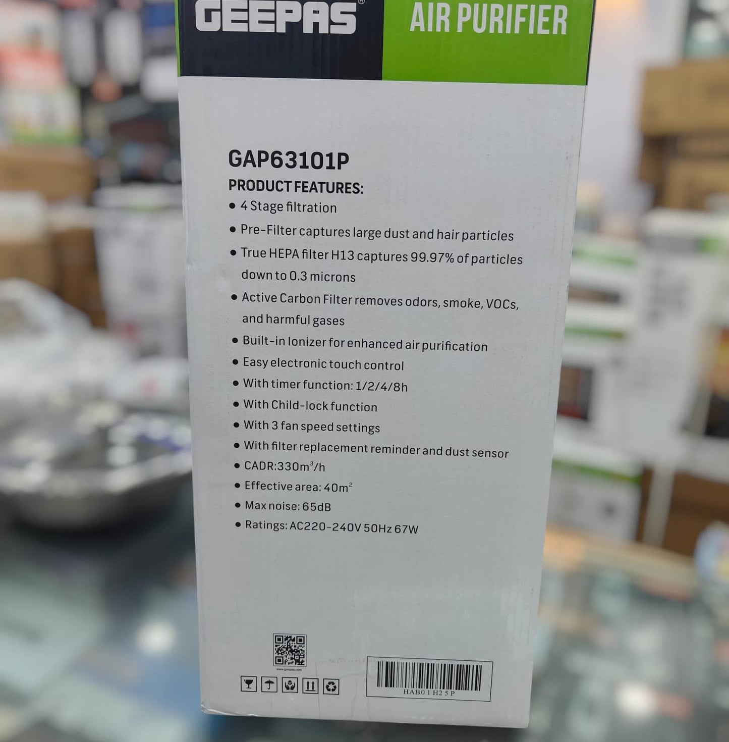 Geepas GAP63101P air purifier specifications label