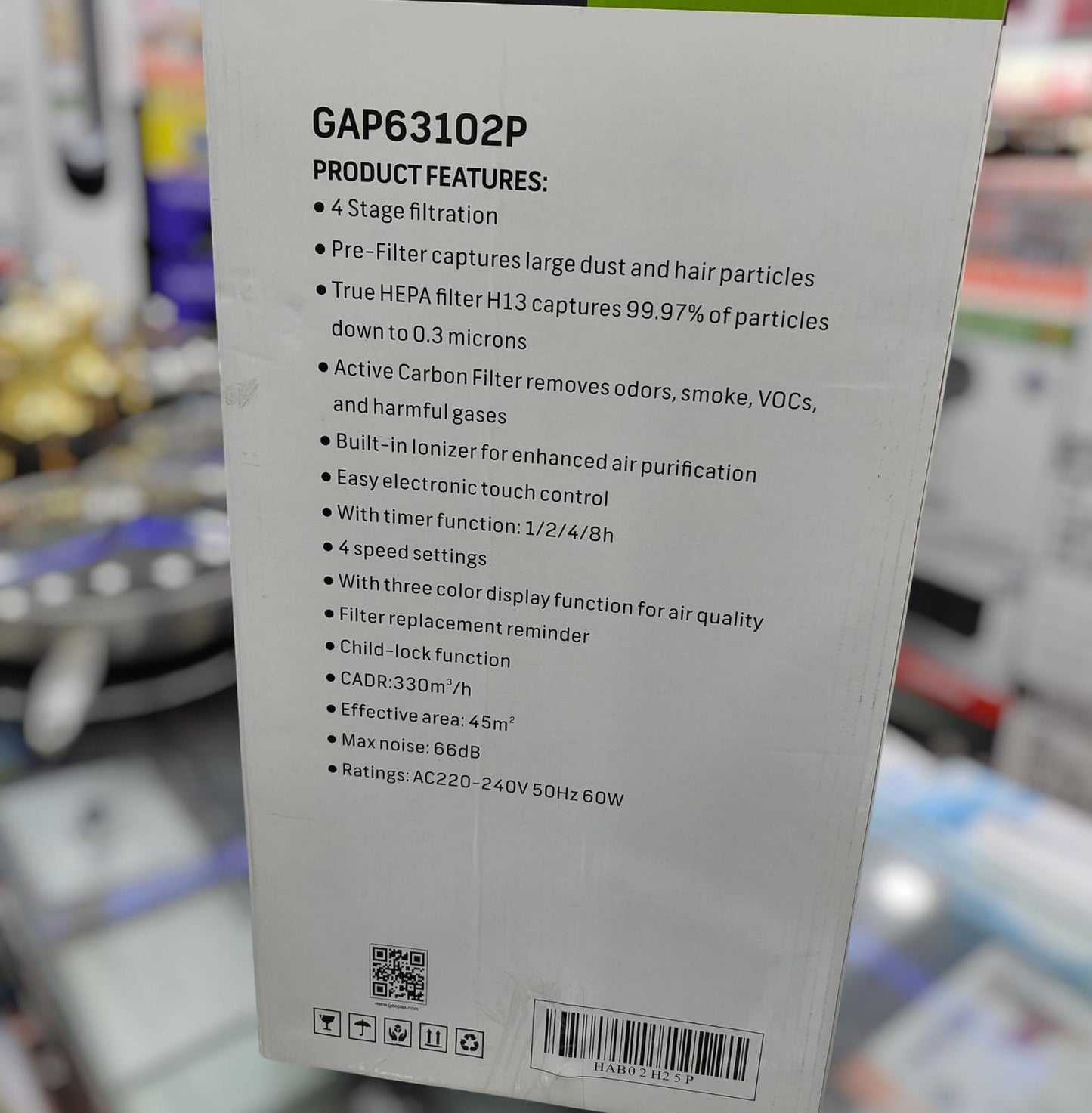 Geepas GAP63102P air purifier specifications label