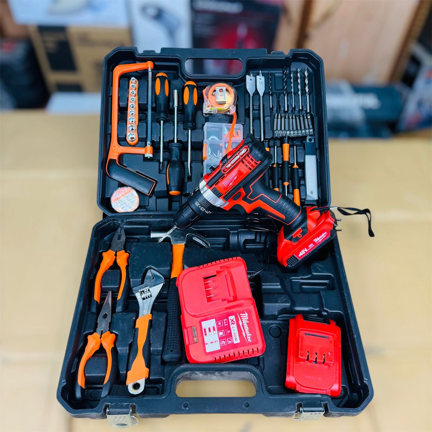 Milwaukee 117 pcs drill machine with toolkit set plastic chauk