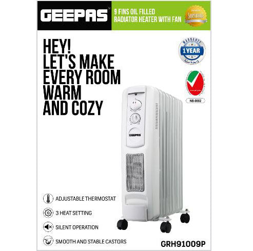 Geepas 9-Fin Portable Electric Oil-Filled Radiator Heater GRH91009P