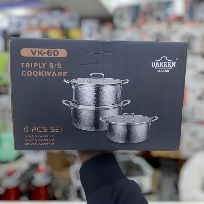 UAKEEN 6pcs Triply Stainless Steel Cookware Set