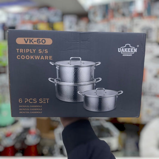 UAKEEN 6pcs Triply Stainless Steel Cookware Set